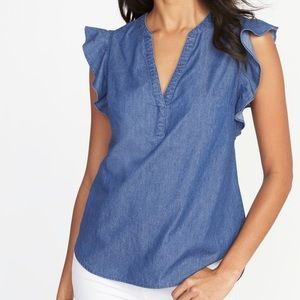 Old Navy Chambray Denim Ruffle Flutter Top XS